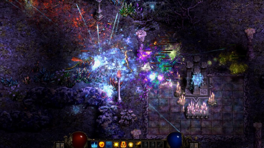 Sorcerer fighting through a glowing purple crystal cavern in Shadow Dungeon