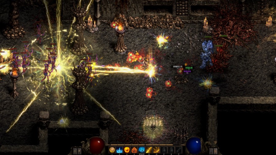 Chain lightning arcing across a skull-lined dungeon hall in Shadow Dungeon