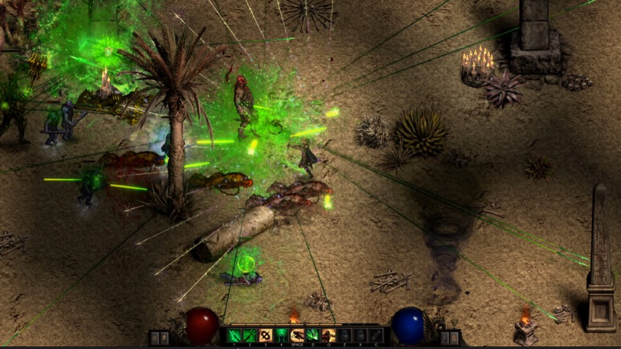 Archer kiting poison-spitting monsters under a sandstorm in Shadow Dungeon